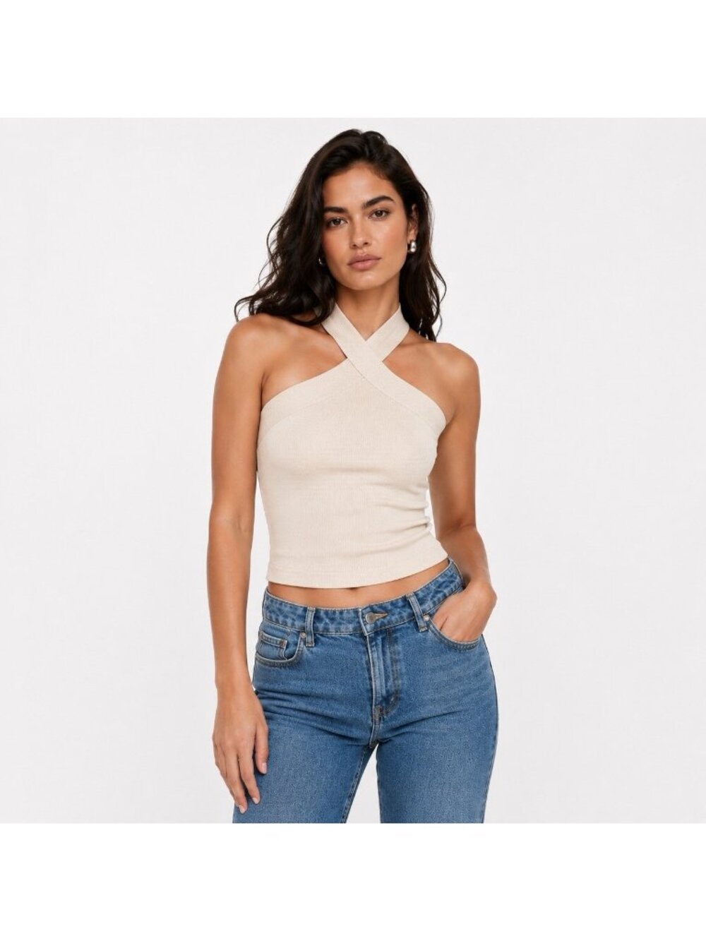 Aritzia Babaton Sculpt Ribbed Knit Cropped Tank Size Small Beige Crisscross NWT